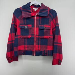 FavLux Fleece Jacket Womens Small Red Blue Plaid Waist Length Shacket Full‎ Zip